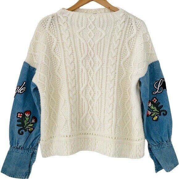 RARE ONE OF A KIND- WHATEVER Cream Cable knit Sweater With Denim Patch Sleeves 海外 即決_RARE ONE OF A KIND 1