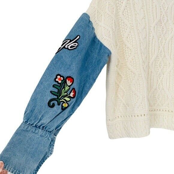 RARE ONE OF A KIND- WHATEVER Cream Cable knit Sweater With Denim Patch Sleeves 海外 即決_RARE ONE OF A KIND 3