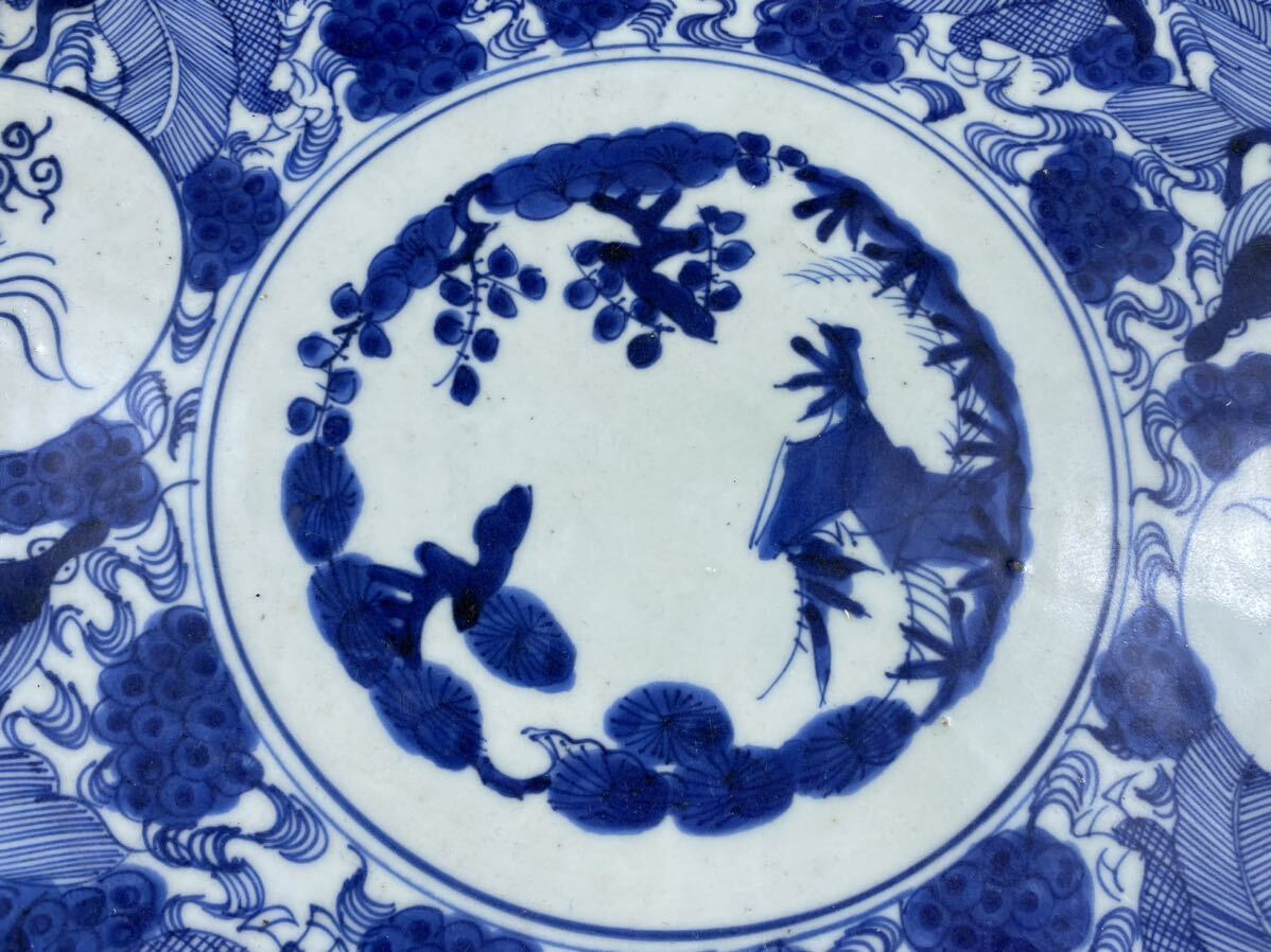 [ luck warehouse ] curtain terminal stage old Imari large plate .. old blue and white ceramics pine bamboo plum phoenix . map wheel flower Zaimei angle . one shaku . size ornament plate flawless completion goods era beautiful goods diameter 44cm