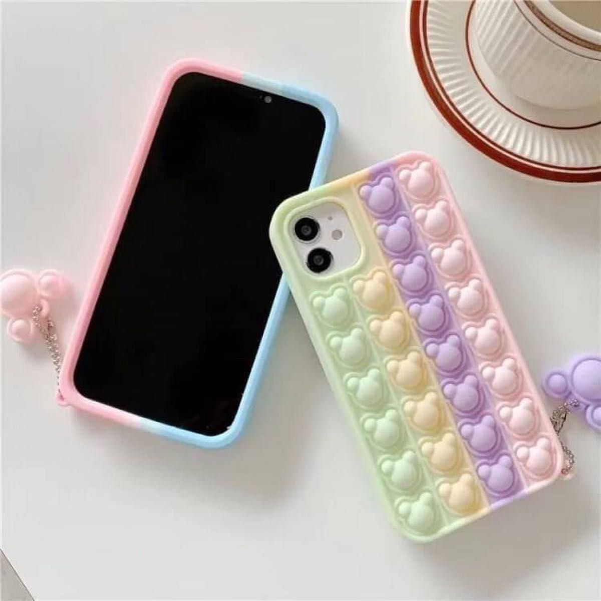 iPhoneケース　X.XS.13 水色ピンク　くまプッシュ　韓国　 おしゃれ かわいい キャメル カバー