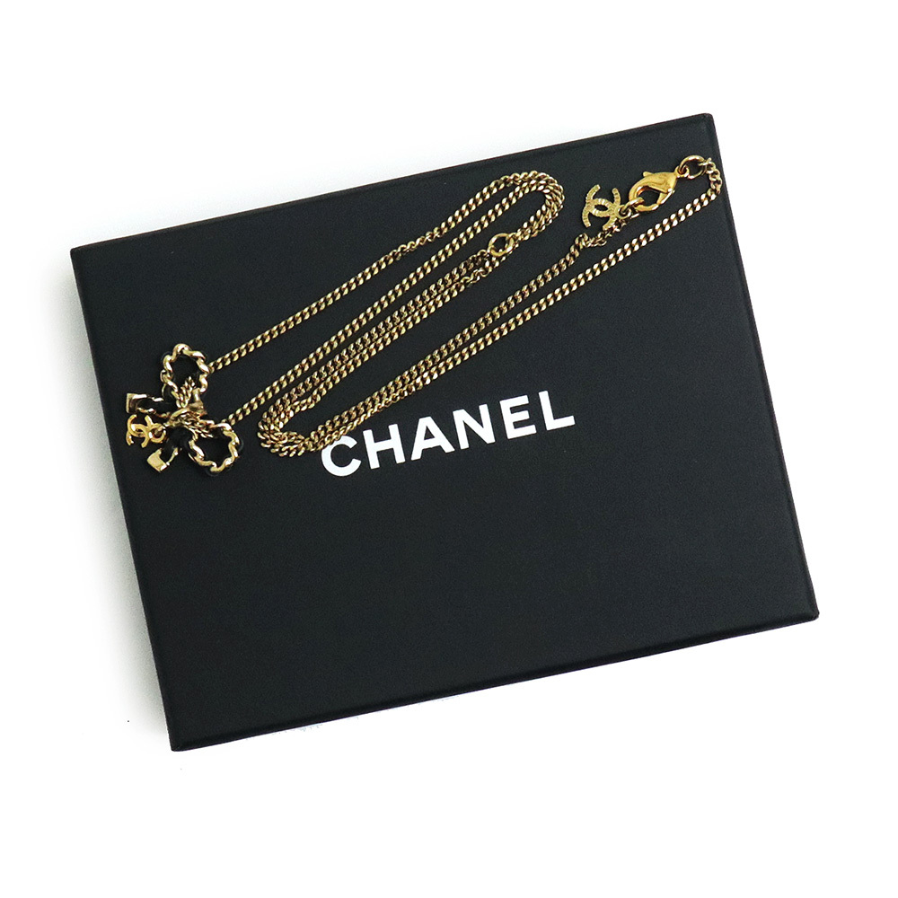 （新品・未使用品）シャネル CHANEL ココマーク リボン チェーン ネックレス ペンダント ゴールド ブラック 黒 AB8992 箱付_画像2