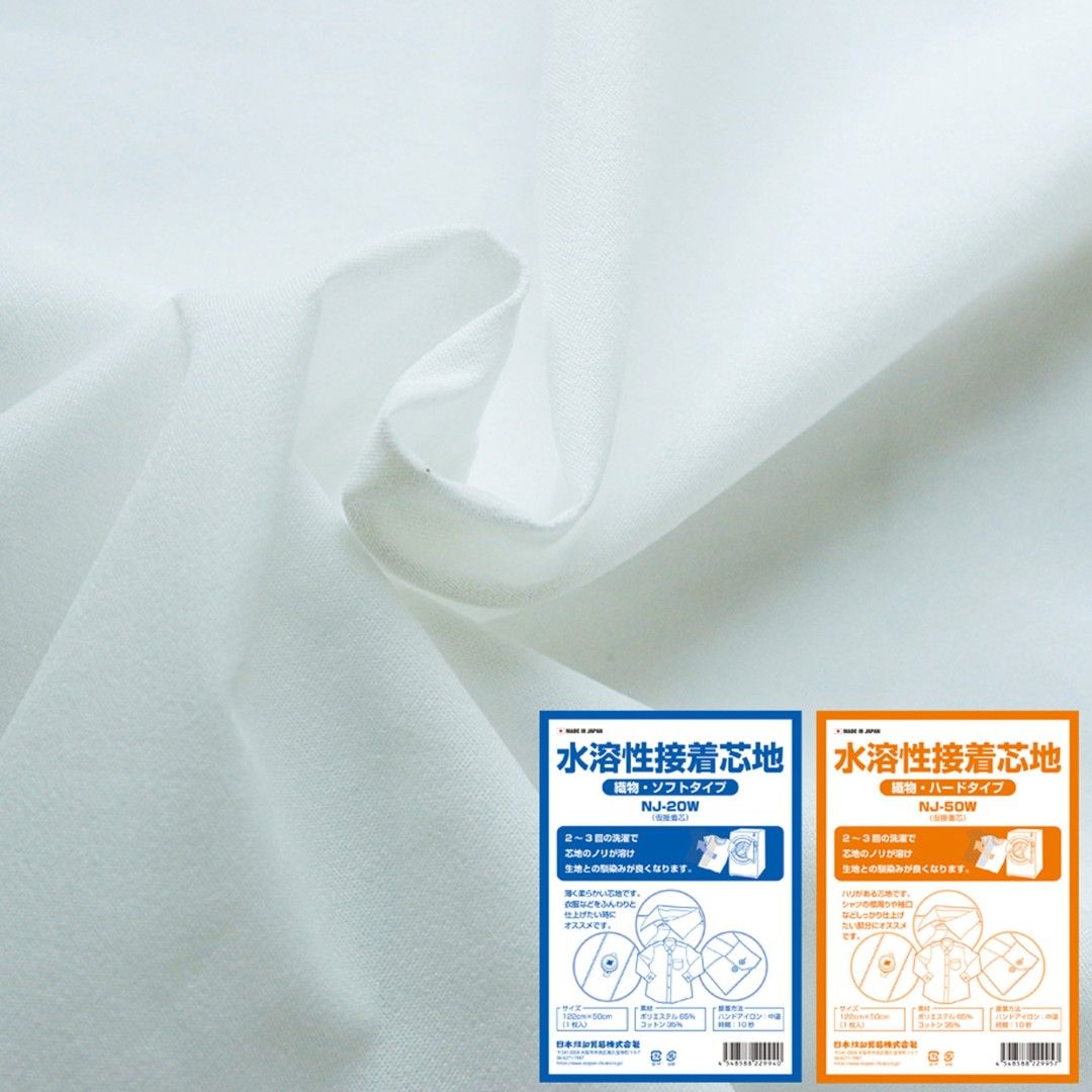 2袋　衣類　衿 袖　水溶性 接着芯地 1m 白　90×50cm 洋裁　綿ポリ　接着芯　布タイプ　織物接着芯