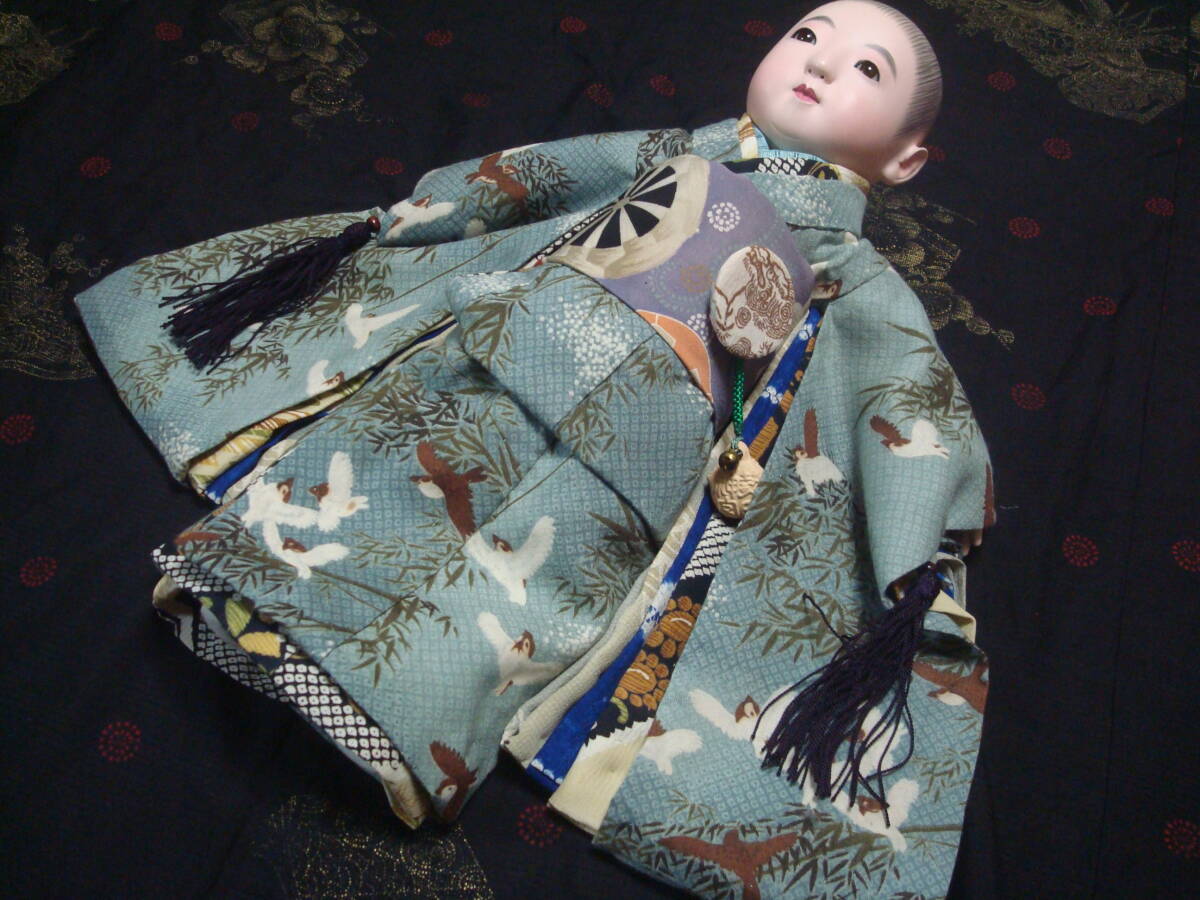 市松さんビスクさん創作人形さんに・10号男の子お単衣着セット・竹藪に雀ちゃん柄・”新緑”_画像2