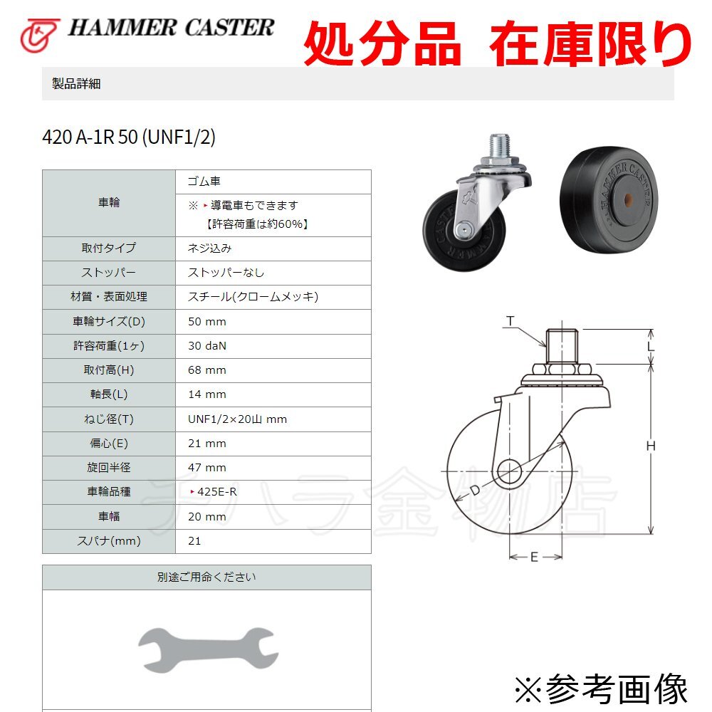 長期在庫品 ハンマーキャスター 420 A-1R 50 (UNF1/2) 2個セット ゴム車 ネジ込み ストッパーなし スチール_商品番号：2100-51906-002