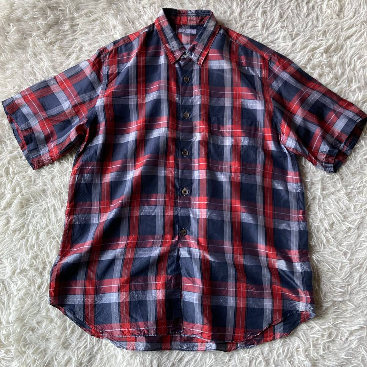 * total silk!!* rare / rice field middle Homme [ Comme des Garcons Homme ] silk #.. collar short sleeves silk shirt # largish size # check / spring summer # rice field middle . one #00s90s
