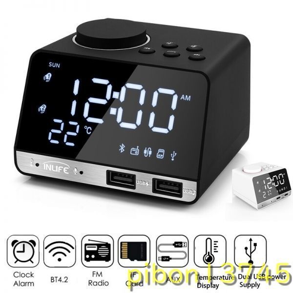 G1368：Bluetooth 4.2 ラジオ 目覚まし時計 温度 スピーカー 2つのUSBポート付き LEDデジタル目覚まし時計 スヌーズ テーブル時計 家の装飾_画像3
