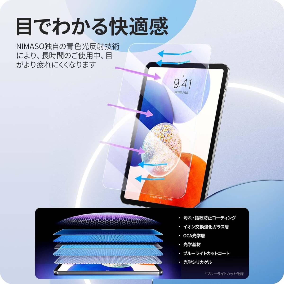 NIMASO ブルーライトカット ガラスフィルム iPad Air 13 インチ（M2) 2024 専用 強化 ガラス 指紋防止 保護 フイルム 衝撃吸収 アイパッド