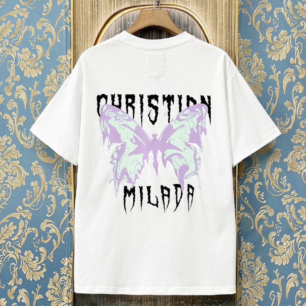 定価2万★christian milada・ミラノ発・半袖Tシャツ★コットン100％ 薄手 通気 爽やか 個性 蝶柄 カットソー ストリート 男女兼用 L/48_画像1