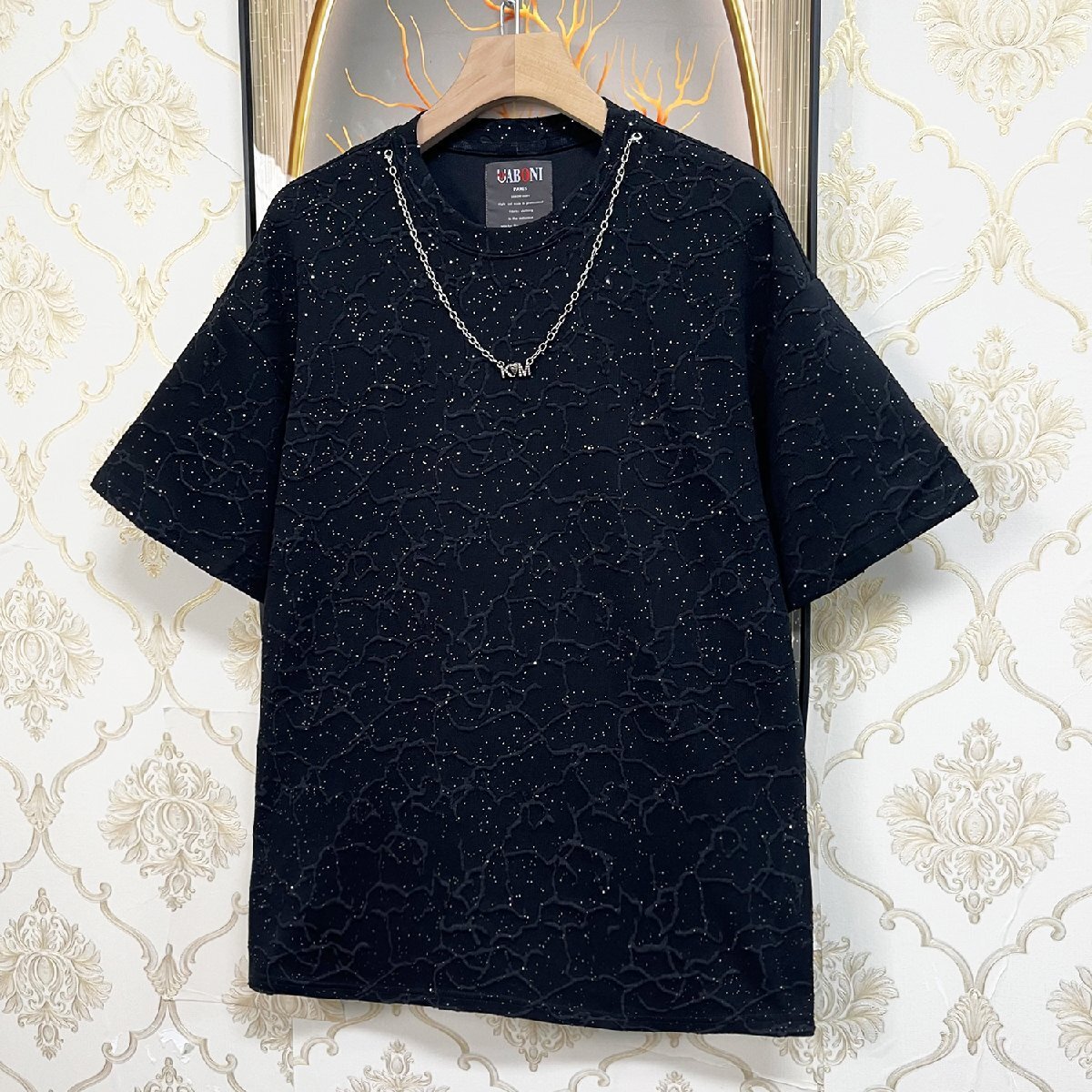 絶賛EU製＆定価2万◆UABONI*Paris*半袖Tシャツ*ユアボニ*フランス◆快適 吸汗 薄手 総柄 キラキラ チェーン カットソー スウェット 街着 XL_画像8