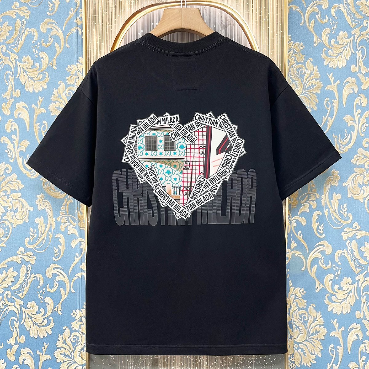 定価2万★christian milada・ミラノ発・半袖Tシャツ★上質 綿100％ 薄手 通気吸汗 個性 ハート柄 ロゴ オシャレ カジュアル 普段着 L/48_画像1