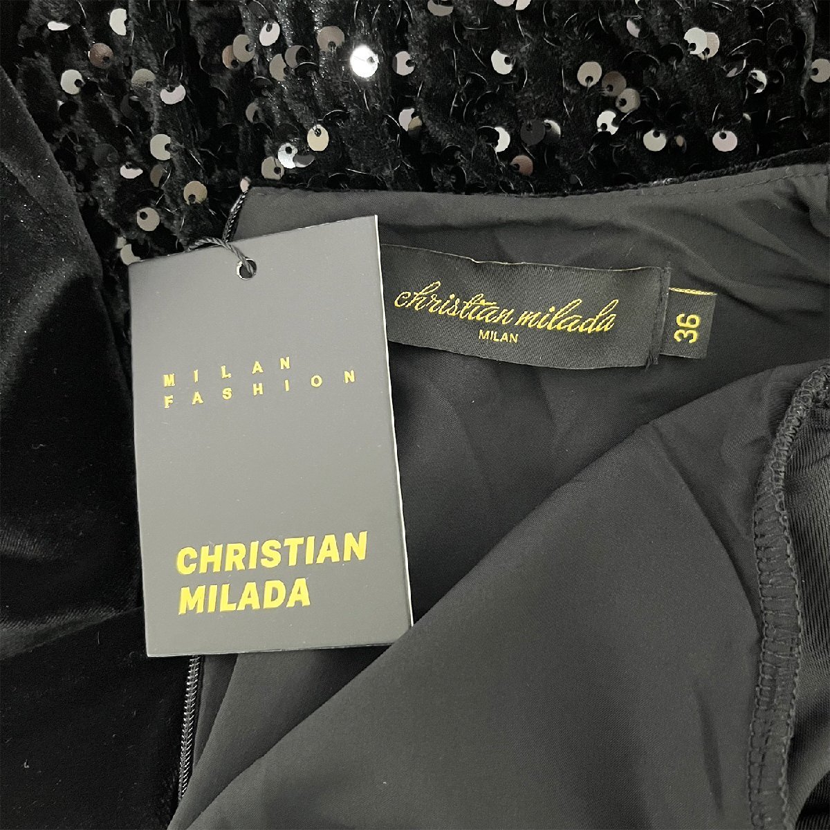 定価5万★christian milada・ミラノ発・ワンピース★ミンク/カシミア 派手 ドレス 膝丈 スパンコール キレイめ 着せ レディース M/36_画像8