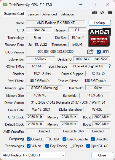 【美品・使用少】ASRock PHANTOM GAMING AMD RADEON RX6500XT 4GB RDNA2 アスロック ファントムゲーミングの画像8
