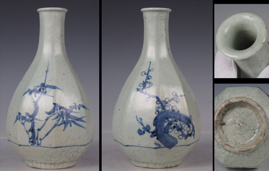 [ genuine work ]A_VB80_ morning . old fine art Joseon Dynasty . flower writing . surface blue and white ceramics vase . sake bottle height 23cm / morning . old clay morning . fine art white porcelain China old .