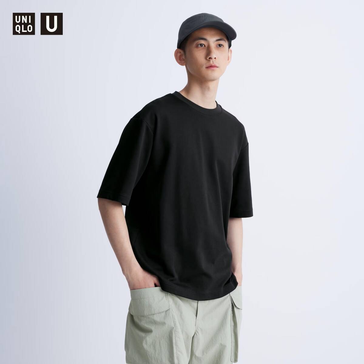 [L] UNIQLO U エアリズム コットン オーバーサイズ Tシャツ (5分袖) ブラック ユニクロ AIRism_画像1