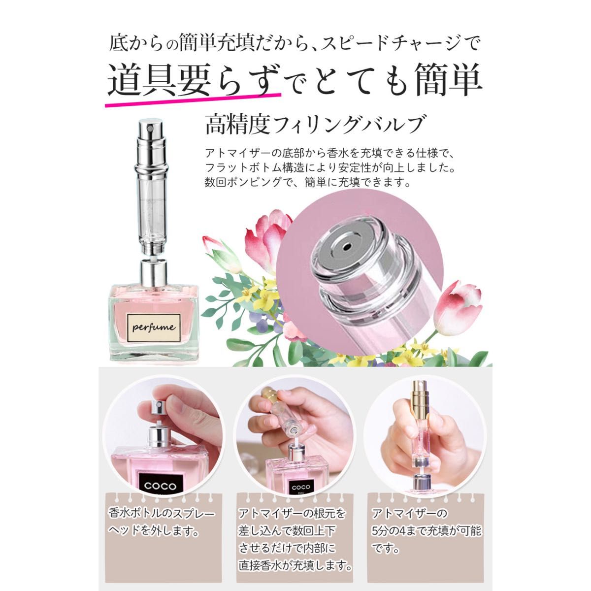 在庫処分価格 香水アトマイザー 5ml 詰め替え容器 携帯スプレー 日本語説明書付き  クイックアトマイザー  マットシルバー