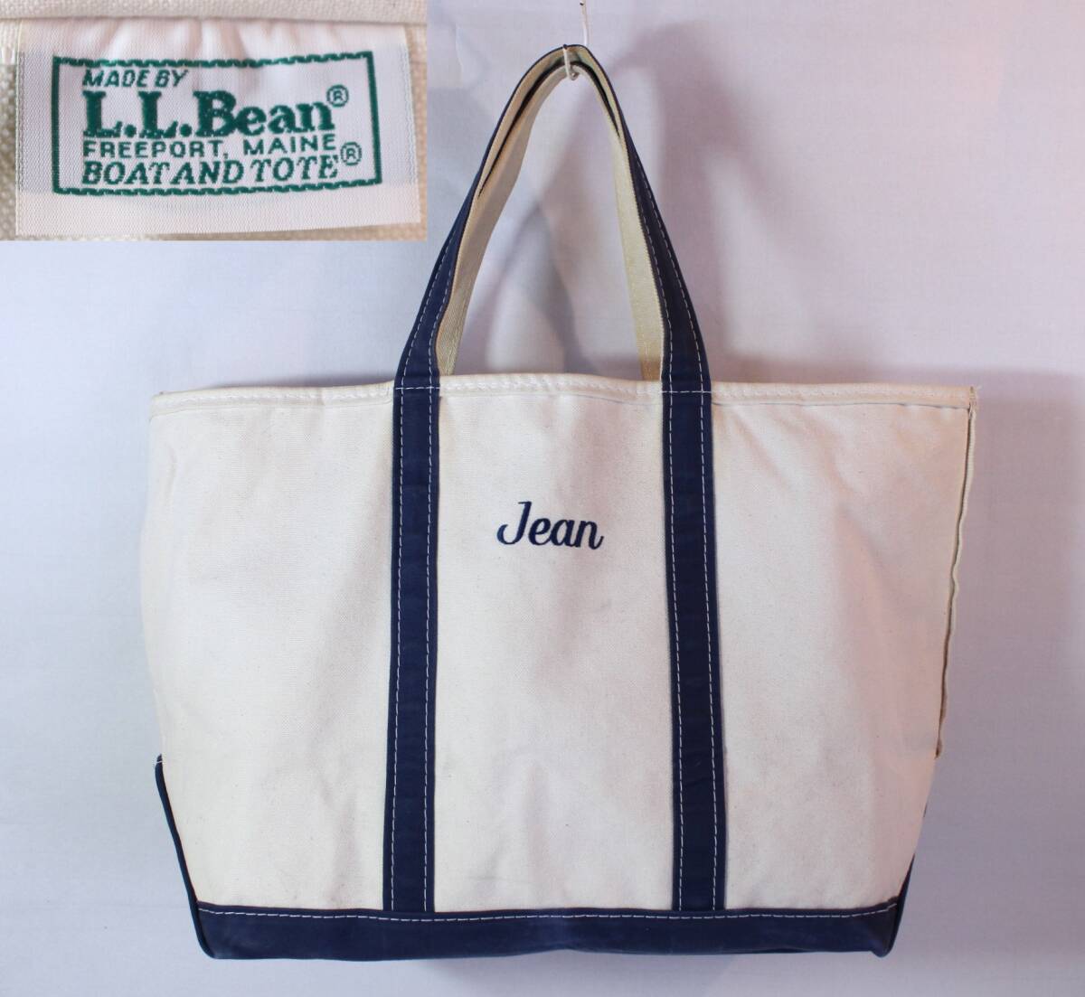 送料無料 ■ ビンテージ L.L.BEAN ジップトップ トートバッグ 「Jean」90's FREEPORT,MAINE 生成り×青 間口約56cm 大きいサイズ