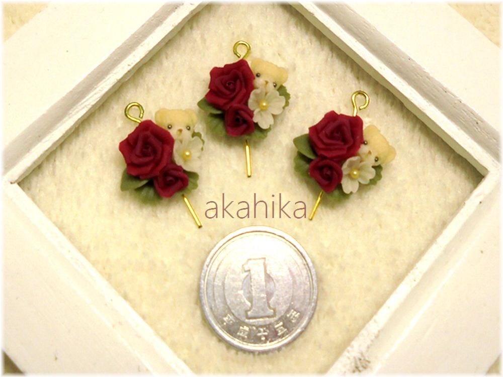 akahika*樹脂粘土花パーツ*ちびくまブーケ・赤薔薇・レッドの画像4