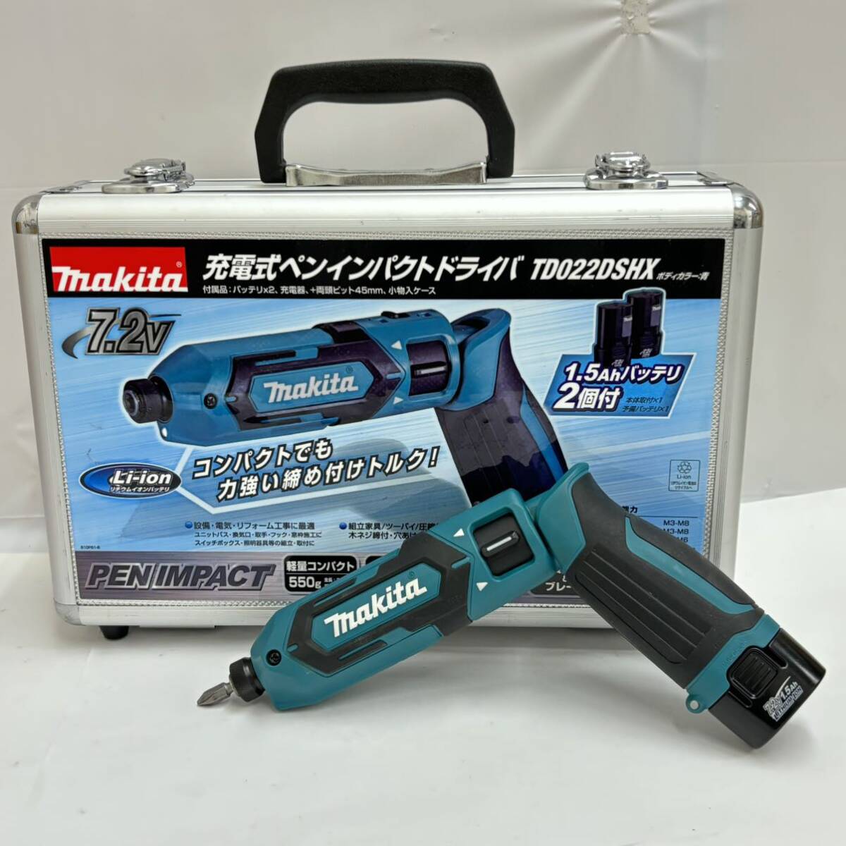 【オススメ】☆マキタ 充電式ペンインパクトドライバ TD022DSHX 青☆makita／7.2v／バッテリ2個／充電器／動作確認済み／ケース付／DE0_画像1