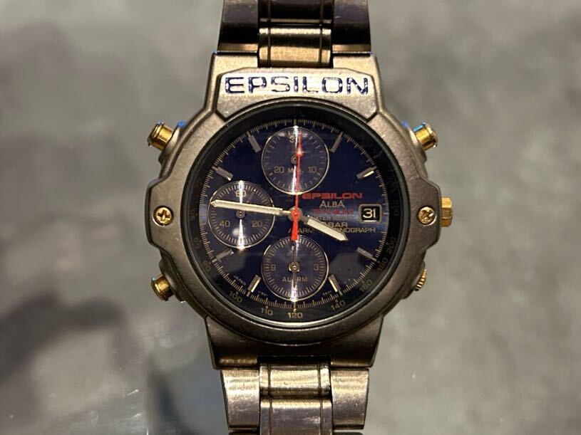 SEIKO Seiko ALBA Alba EPSILON Epsilon Y182-6A80 alarm chronograph Date titanium quartz men's wristwatch present condition goods 