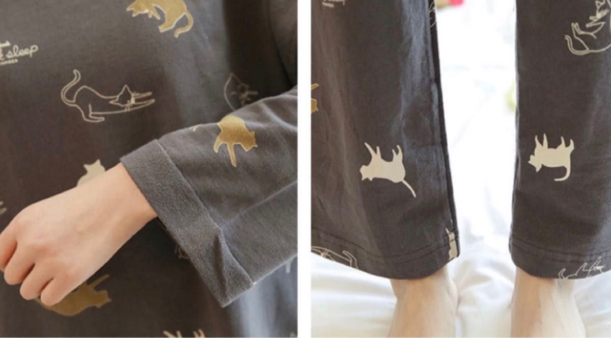パジャマ ルームウェア ネコ柄　サイズL  グレー パジャマ ルームウェア 猫柄 韓国 グレー 上下セット