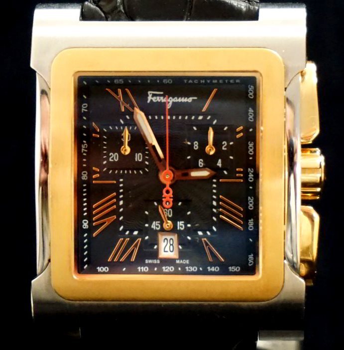 1円～ 【メンズ腕時計】Ferragamoフェラガモ クロノグラフ パラージオ F58C ブラック文字盤 スクエア デイト の画像2