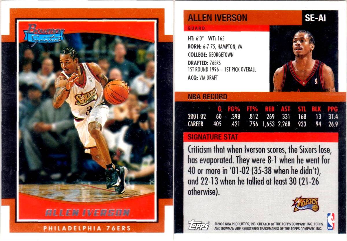 ★2枚セット★ Allen Iverson 02-03 Bowman Signature #SE-AI, Parallel /249_画像1