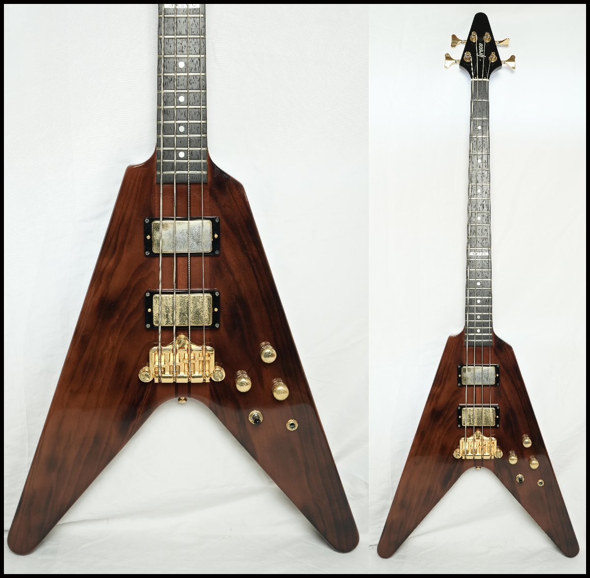 ★Greco★Flying V Bass See Thru Brown 90年代 フライングVベース スルーネック オーダーモデル ショートスケール 状態良好 日本製 HC付_画像1