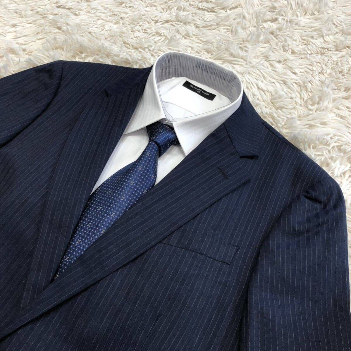  super rare XL! Beams Heart [ overwhelming feeling of luxury ]BEAMS HEART suit setup navy stripe 2B total lining wool gloss feeling through year 50(LL)