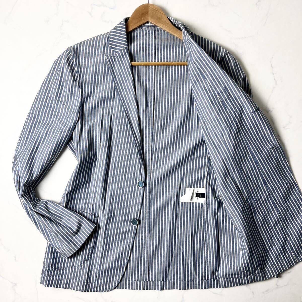 B13( present tag ) Lardini [ pressure volume. refreshing .] tailored Anne navy blue jacket stripe cotton blue 48 L LARDINI