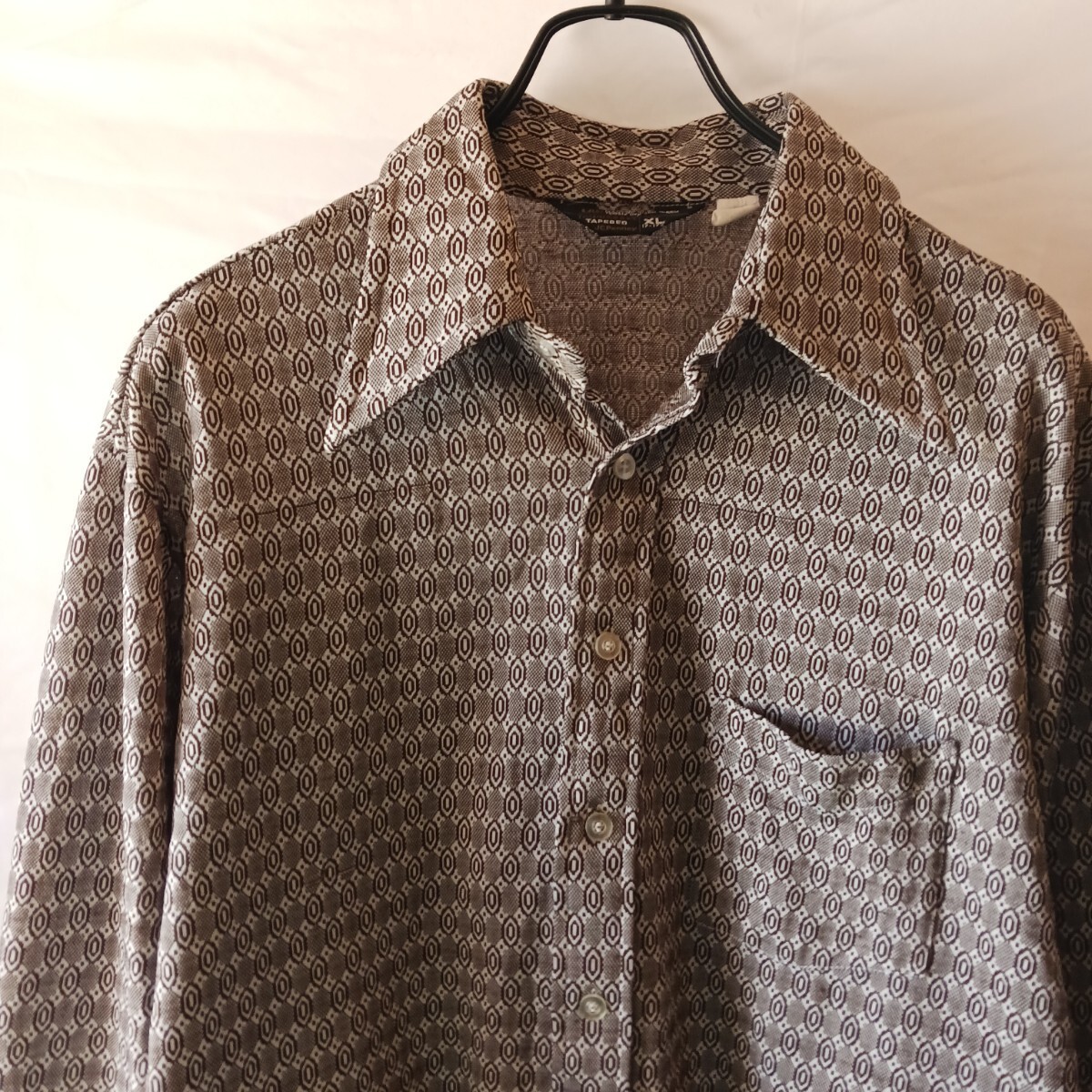 70s TOWNCRAFT JC Penney 17 XL 開襟シャツ オープンカラーシャツ タウンクラフト ジェーシーペニー 総柄 ポリシャツ ヴィンテージ 古着_画像3