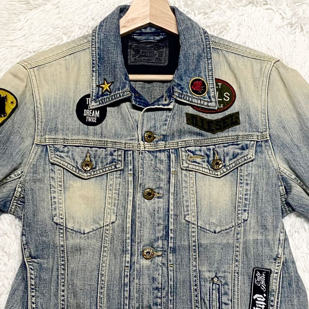L相当●DIESEL ディーゼル デニムジャケット ロゴ パッチワーク ダメージ加工 刻印ボタン Gジャン インディゴブルー 高級感 春 スプリングの画像3