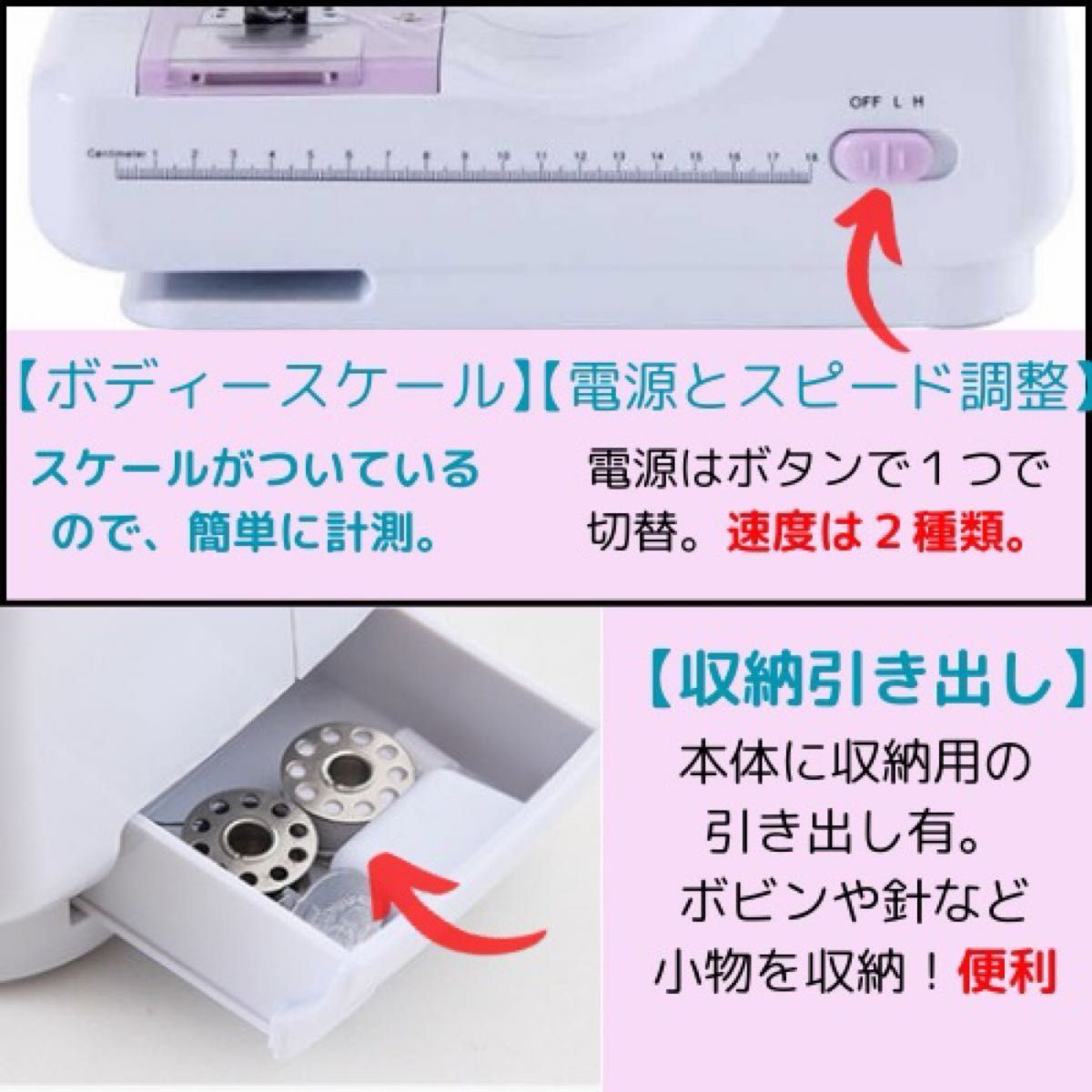 電動ミシン　本体　60個ミシン糸付 ボタンホール押さえ付 返し縫い機能 軽量　新品　 手作り コンパクト 小型ミシン 初心者 電動