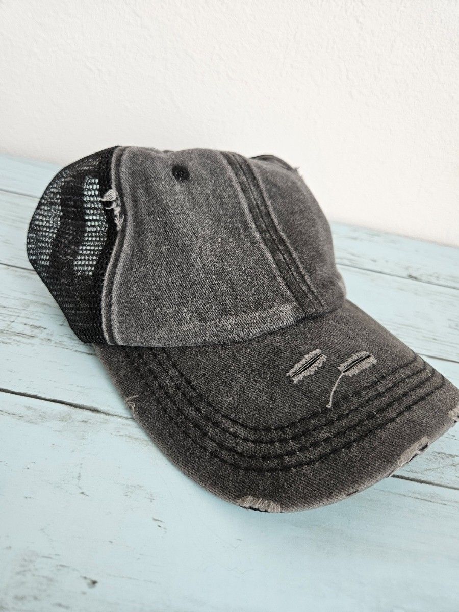 女性野球帽　ポニーテールのネットキャップ　復古デニム　調節可能　カジュアル帽