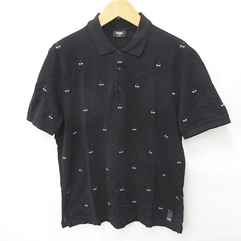 FENDI Fendi polo-shirt short sleeves Monstar embroidery total pattern deer. . cotton black black white 58 large size domestic regular goods 24051701