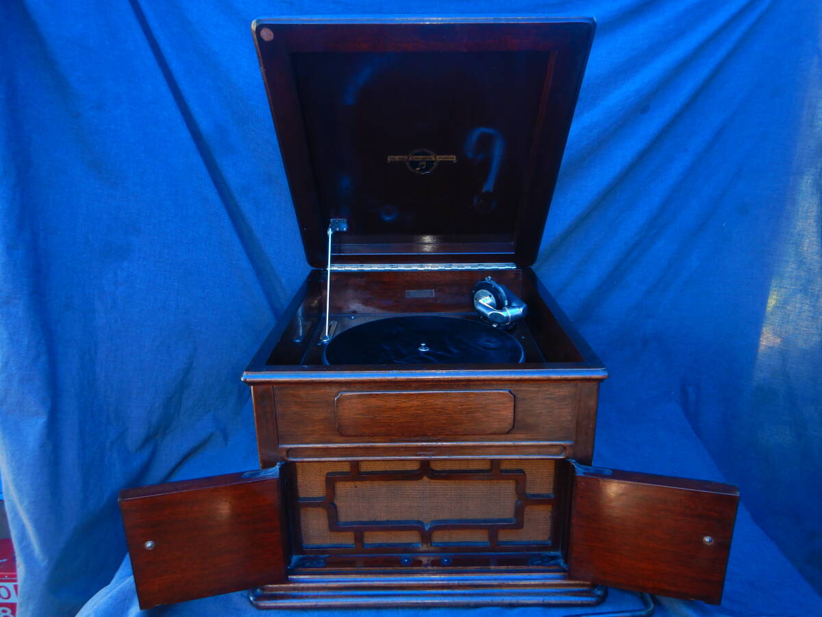  antique name machine ko rom Via highest grade Class desk gramophone NO.121 gramophone machine is Britain made .. body is domestic production. sound box NO.9 SP record operation goods 