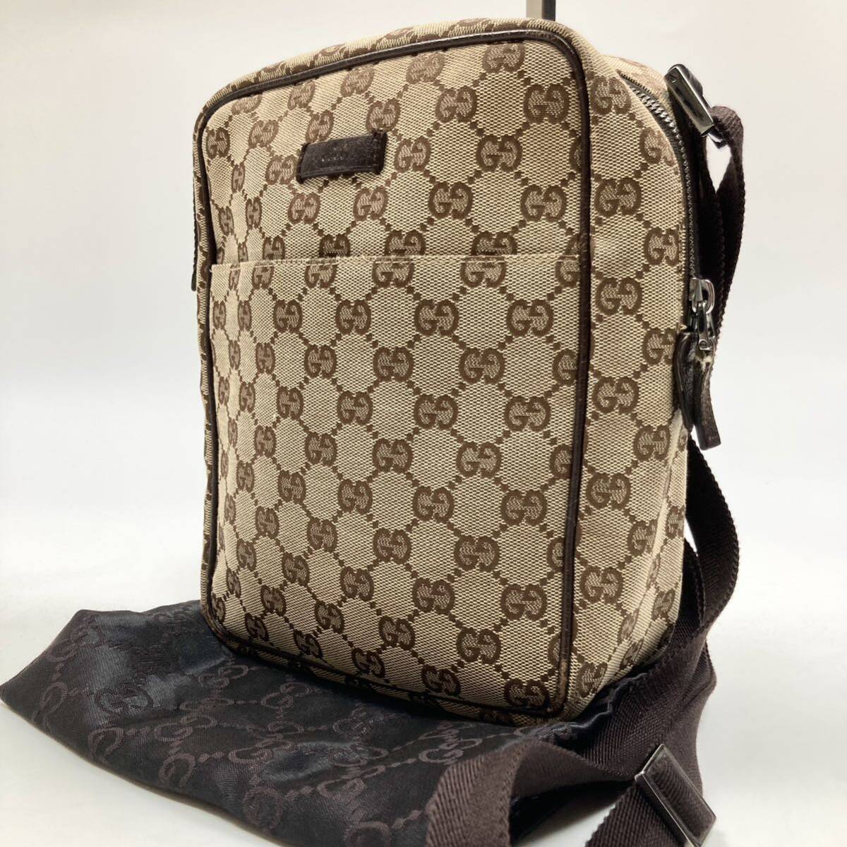 1円 ●GUCCI/グッチ ショルダーバッグ GGキャンバス レザー 本革 クロスボディ 斜めがけ 茶系 保存袋 サコッシュ メンズ レディース_画像1