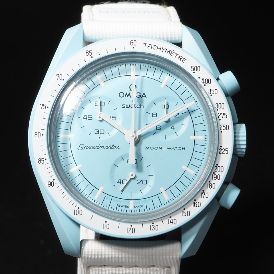 ◆人気シリーズ◆ OMEGA×swatch S033L100 MISSION TO URANUS ミッショントゥウラヌス 水色 QZ クロノグラフ 箱 メンズ 腕時計 「24004」_画像3