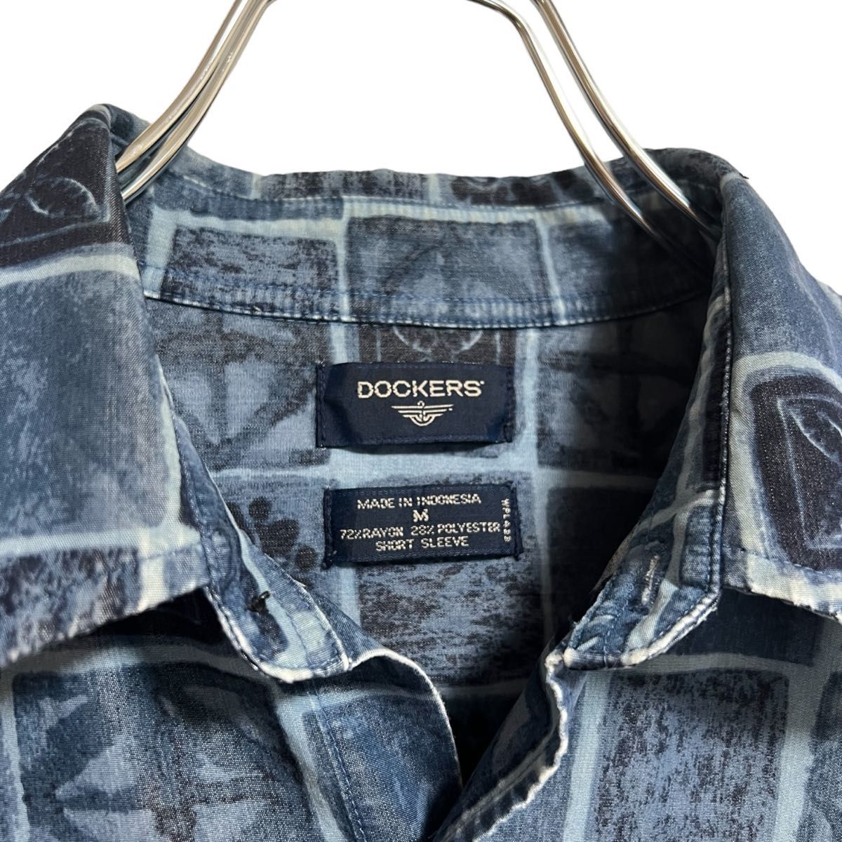 【抜群の雰囲気】90s DOCKERS 総柄 半袖 シャツ  リーバイス ネイビー 紺　ヴィンテージ　オープンカラー　 アメカジ