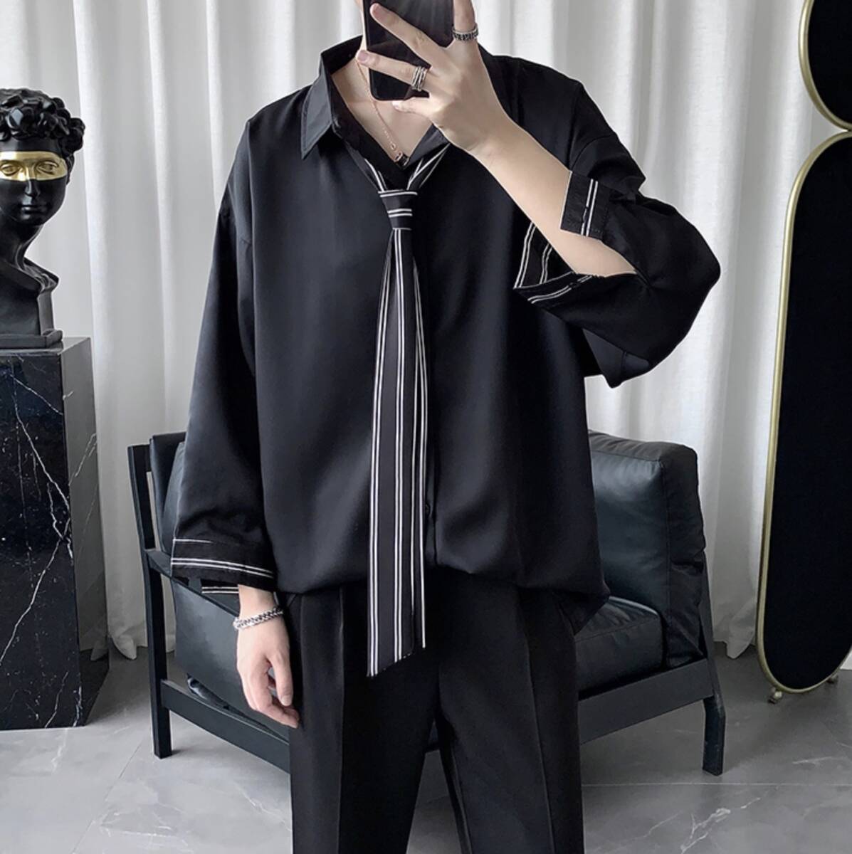 ネクタイ付き シャツ ブラック ストライプ ネクタイ シャツ トップス メンズ モード 韓国 秋服 000760XLの画像1