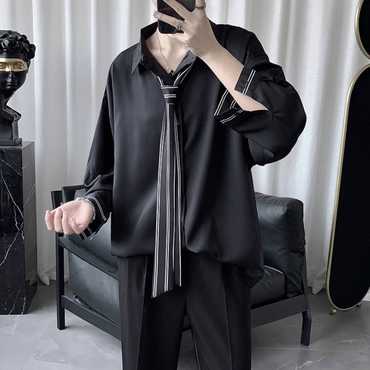 ネクタイ付き シャツ ブラック ストライプ ネクタイ シャツ トップス メンズ モード 韓国 秋服 000760XLの画像4