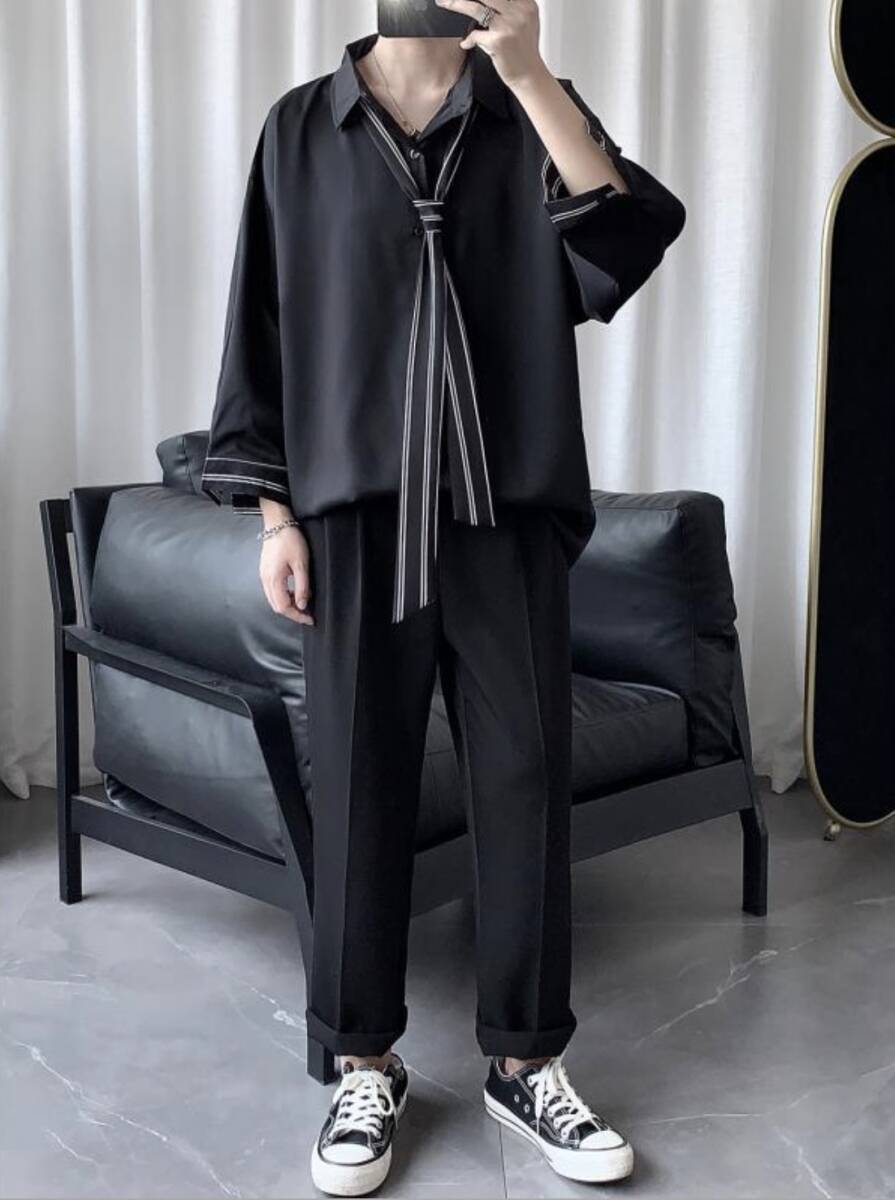 ネクタイ付き シャツ ブラック ストライプ ネクタイ シャツ トップス メンズ モード 韓国 秋服 000760XLの画像2