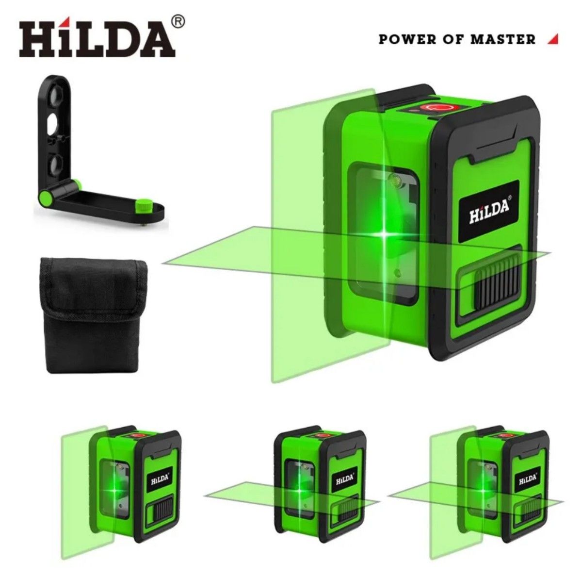 【新品】HiLDA グリーンレーザー水準器　レーザー墨出し器　２ライン　保護ケース　固定台座　三脚スタンド付き