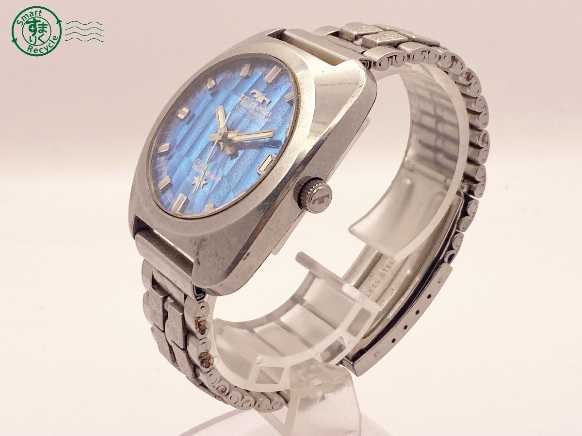 2405601501 ^ TECHNOS Tecnos wristwatch Radiant blue face Date 3 hands cut glass men's self-winding watch automatic used 