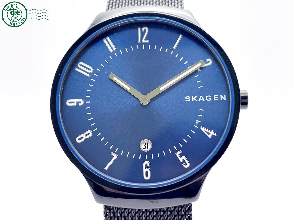 2405602545　＃ SKAGEN スカーゲン SKW6461 クォーツ QZ デイト 3針 アナログ 腕時計 青文字盤 ブルー 純正ベルト ヴィンテージ 中古_画像1