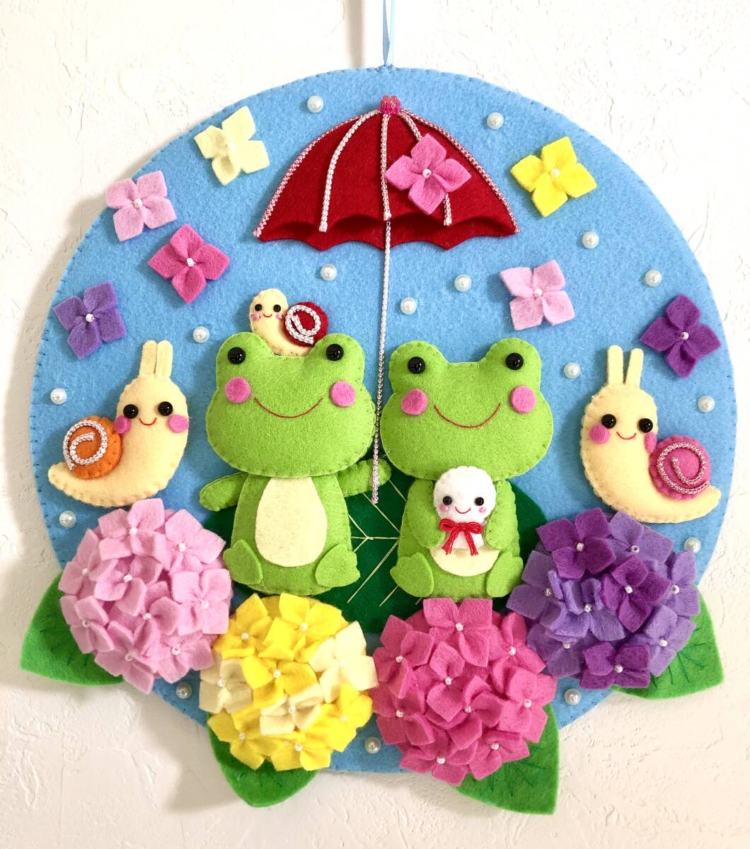 ハンドメイド☆フェルト☆リース☆梅雨☆紫陽花☆カエル☆傘☆てるてる坊主☆カタツムリ☆壁飾り_画像1