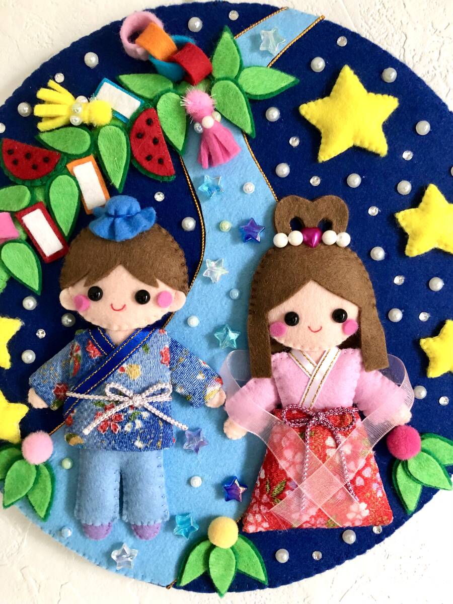 ハンドメイド☆フェルト☆リース☆七夕☆天の川☆織姫☆彦星☆笹飾り☆星☆壁飾り_画像2