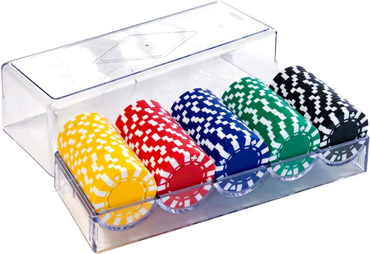 【ヨロズラボ】 ポーカーチップ 100枚セット プロ仕様 5色(各色20枚、計100枚セット)専用アクリルケース付 麻雀 ポーカー_画像1