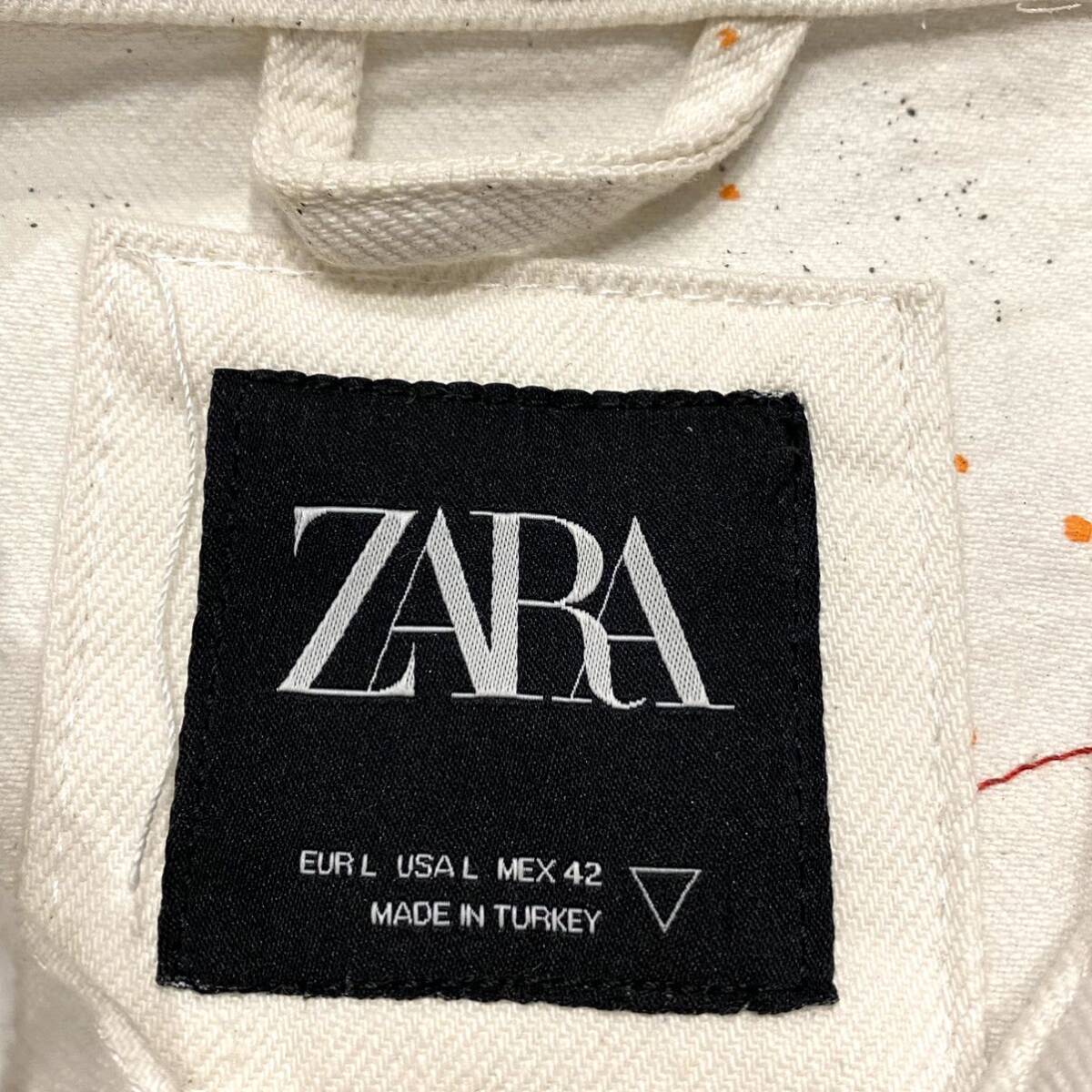 美品 ZARA ザラ ダメージ クラッシュ ペイント ホワイト デニム ジャケット ジージャン Gジャン 白 プリント サイズ L_画像6