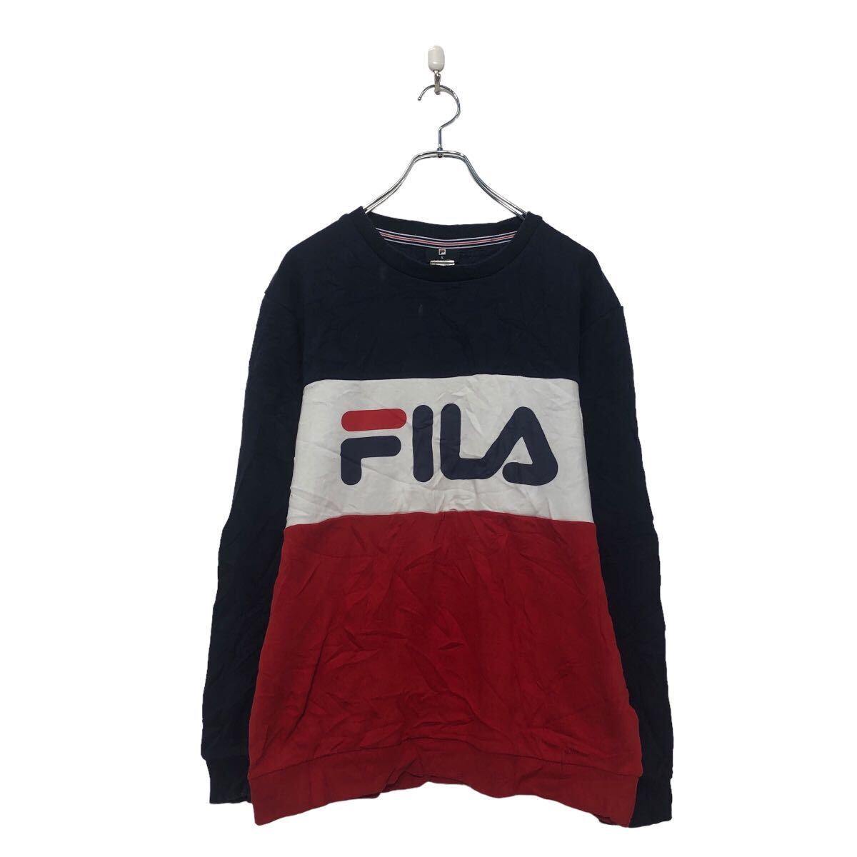 FILA プリント スウェット トレーナー S フィラ ネイビー 裏起毛 古着卸 アメリカ仕入 a605-6207_画像1