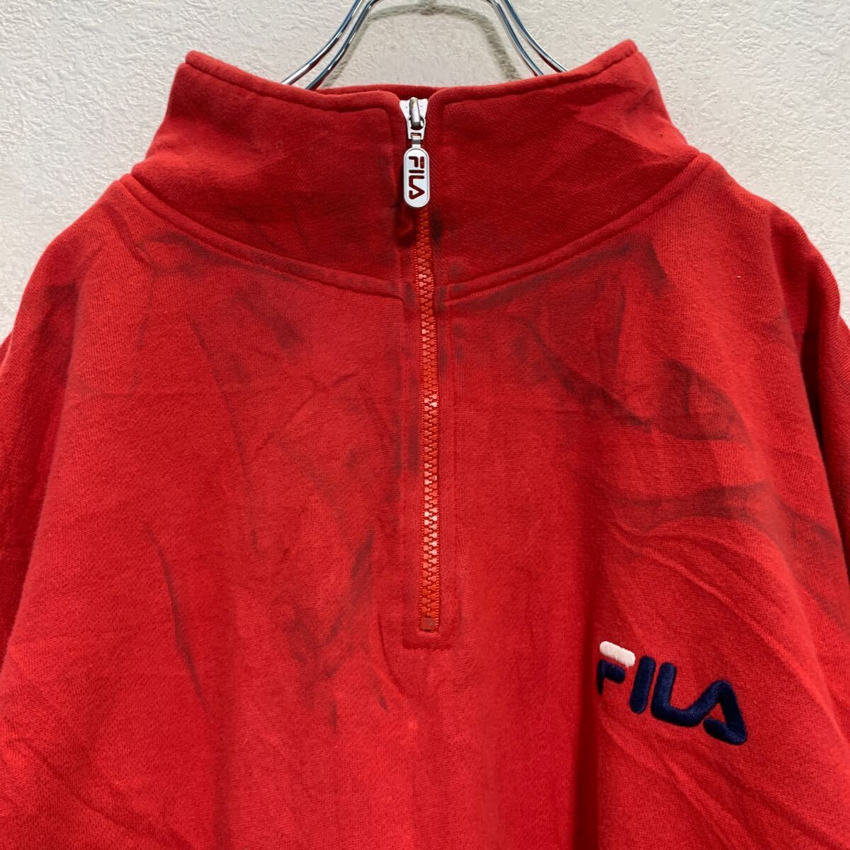 FILA ハーフジップ ロゴスウェット トレーナー XL レッド フィラ USA製 ビッグサイズ 刺繍ロゴ 古着卸 アメリカ仕入 a605-6709_画像2